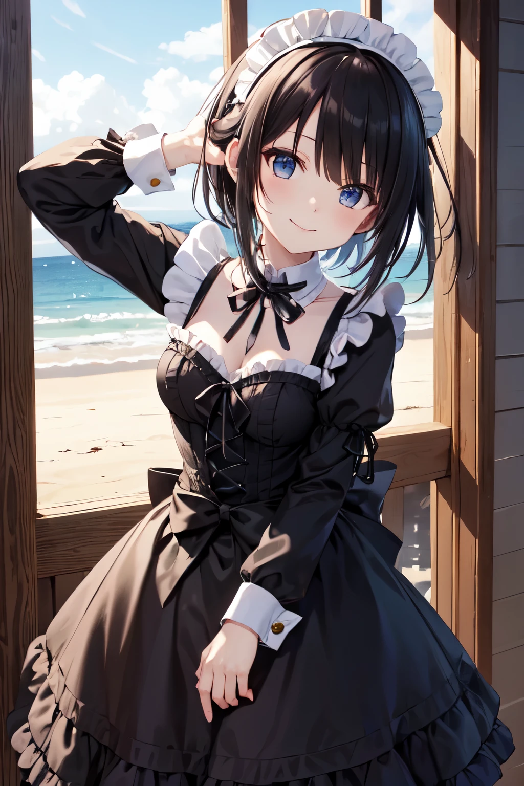 masterpiece, highest quality、Oceanの見える場所で撮影、Ocean、arms behind、tokisaki kurumi、smile,Gothic Lolita Clothing Aid Clothing、Victorian Maid、white ribbon、closed mouth、gothic lolita clothing aid clothing