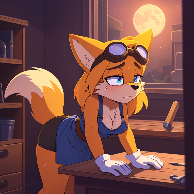 ((masterpiece)), high quality, ((2d, 2d art)), ((sharp, expressive eyes)), (detailed colors, detailed shading, (soft lighting)), detailed background, 1girl, Tails the Fox, yellow hair, (two tails), medium breasts, chest tuft, goggles, apron, work gloves, tool belt, workshop, tools, moonlight, arm support, exhausted, sweating, leaning forward