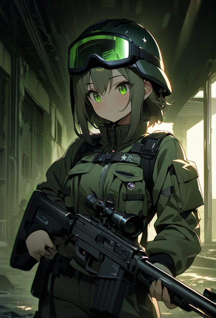 High quality, high definition images, full HD、8k.1 girl Short chestnut hair wearing US combat uniform Wear a helmet deeply, holding a rifle、Midnight city area,( Put the starlight scope on your face),starlight scope glows green, a rifle is taken from an abandoned building,