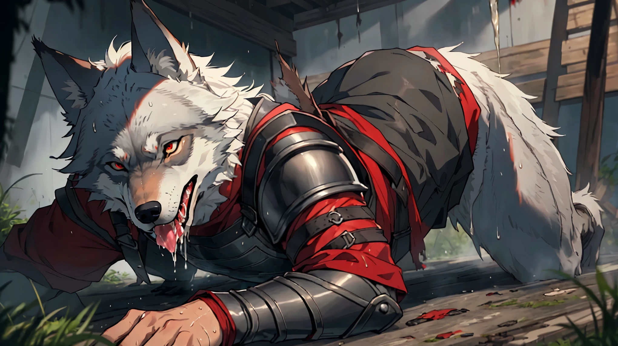 nsfw, ((((High resolution, best quality, masterpiece, high detailed)))), ((Hungry Wolf, anthro, furry, wolf head)), red eyes, 3x3 eyes, grey skin, muscular male,
(Broken Armor), ((torn clothes)), battle armor,
(((Sweaty))), (blush), (angry), ((saliva)), (look at viewer:1.1),
fantasy,
Penis, erection, cum, Precum, cum on chest, lying, (dutch angle:1.1), (solo),