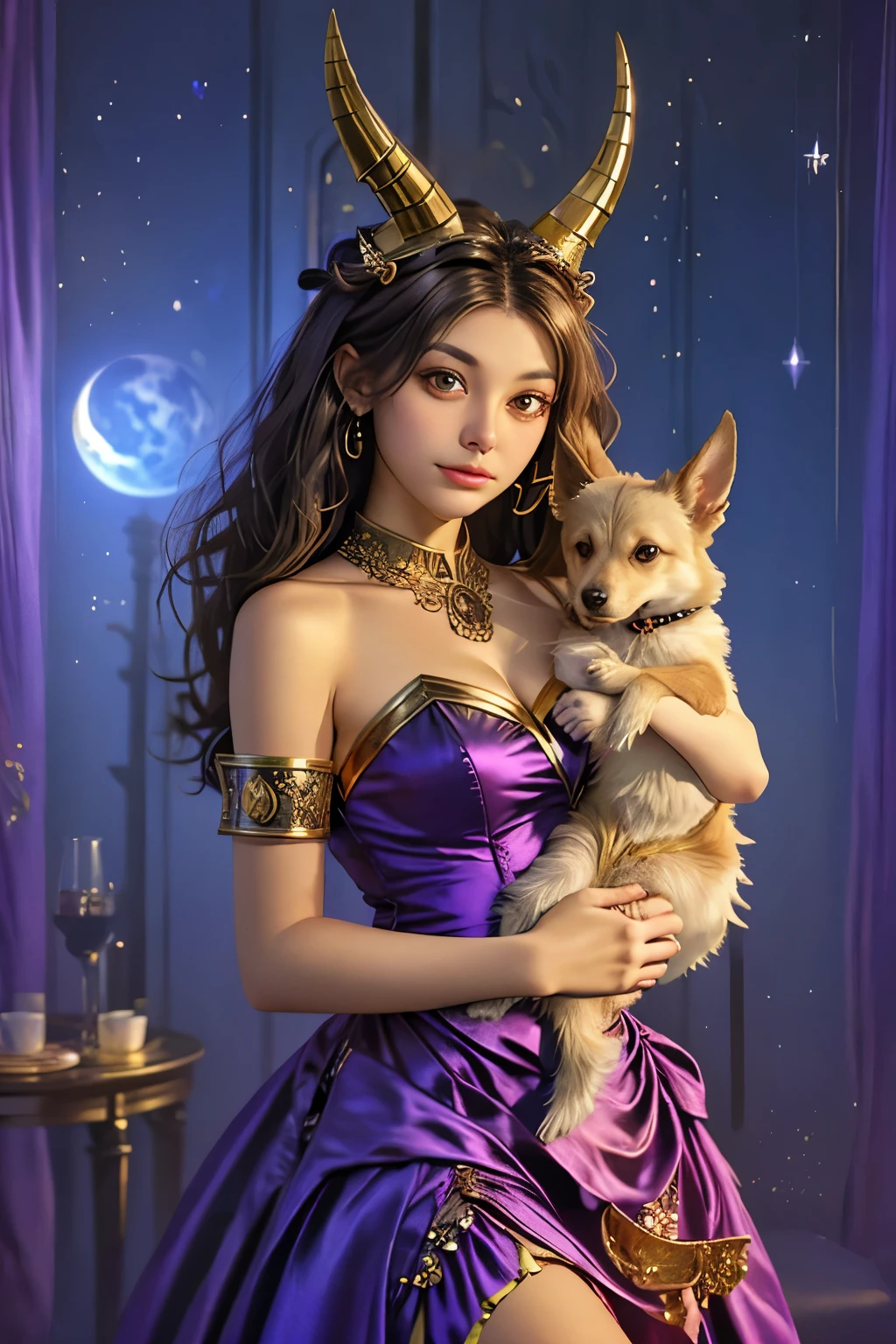 a woman with horns and a dress holding two dogs, airmax12, jen bartel, by Andrée Ruellan, by Caroline Chariot-Dayez, by Max Buri, goddess art, cosmic goddess, ancient goddess, celestial goddess, hecate goddess, moon goddess, by Petros Afshar, by Kyle Lambert, art contest winner on behance, mystical anubis valkyrie