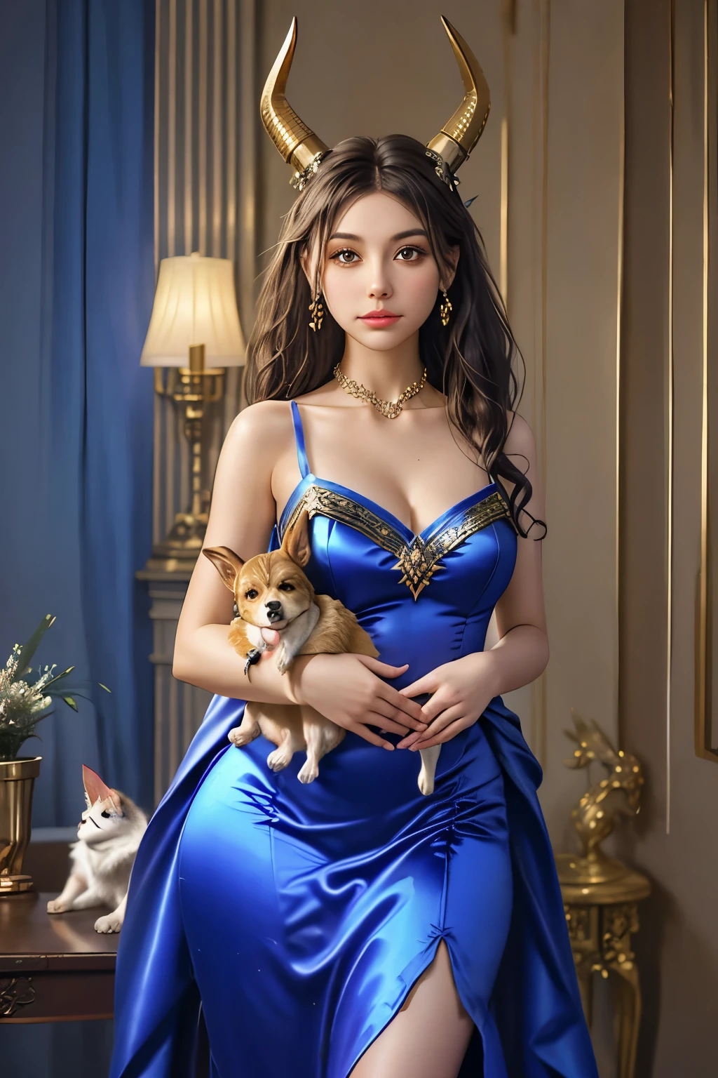 a woman with horns and a dress holding two dogs, airmax12, jen bartel, by Andrée Ruellan, by Caroline Chariot-Dayez, by Max Buri, goddess art, cosmic goddess, ancient goddess, celestial goddess, hecate goddess, moon goddess, by Petros Afshar, by Kyle Lambert, art contest winner on behance, mystical anubis valkyrie