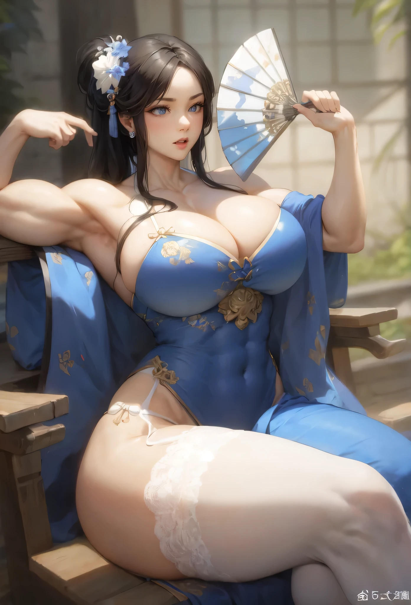 ,girl,beautiful face, muscular female, alternate muscle size,black hair,blue hanfu,muscular thighs,laugh,muscular ,biceps,white lace trim legwear