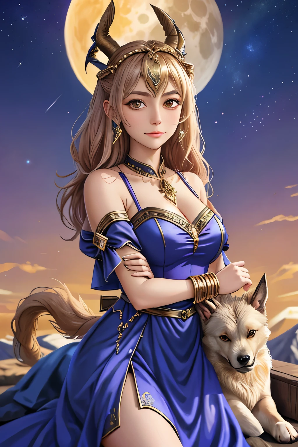 a woman with horns and a dress holding two dogs, airmax12, jen bartel, by Andrée Ruellan, by Caroline Chariot-Dayez, by Max Buri, goddess art, cosmic goddess, ancient goddess, celestial goddess, hecate goddess, moon goddess, by Petros Afshar, by Kyle Lambert, art contest winner on behance, mystical anubis valkyrie
