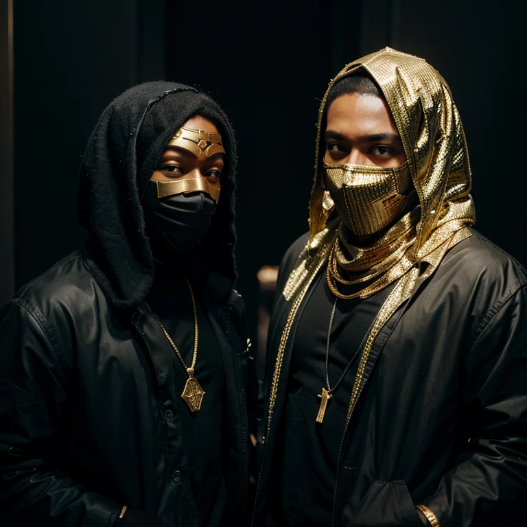 Two black men in masks and black jackets with several gold chains and microphones in their hands and in a whole world full of people talking bad about them