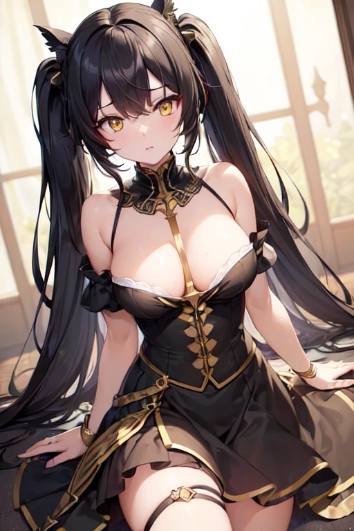 (Masterpiece, 8k, Best Quality, Highly detailed, depth of field:1.4), 1girl, (yellow eyes:1.5), heterochromia, (red eyes:1.2), rating: sensitive, , black hair, twintails, hair over right eye