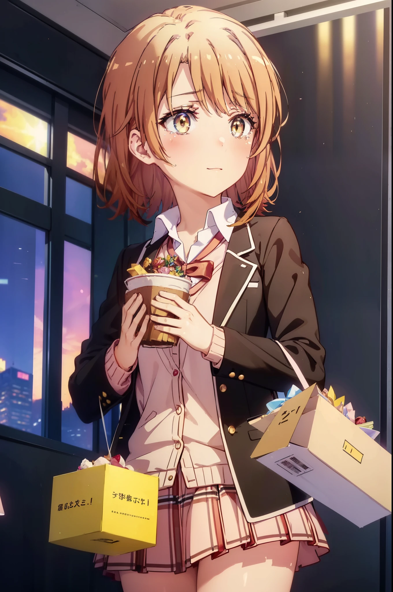 irohaisshiki, Isshiki Iroha, short hair, brown hair, (Brown ruby eyes:1.5), smile,blush,Open your mouth wide,Tears running down her face,Tears of joy、I cry a lot、break skirt, shirt, ribbon, , Jacket, white shirt, open clothes, socks, open Jacket, black Jacket, plaid, knee high, plaid skirt, blazer, cardigan, black socks, pink cardigan,Holding a large bouquet in both hands ,birthday,A birthday cake is on the table,confetti,evening,sunset,The sun is setting,
break indoors,School　classroom ,
break looking at viewer,Upper body,(cowboy shot:1. 3)
break (masterpiece:1.2), highest quality, High resolution, unity 8k wallpaper, (shape:0.8), (beautiful and detailed eyes:1.6), highly detailed face, perfect lighting, Very detailed CG, (perfect hands, perfect anatomy),