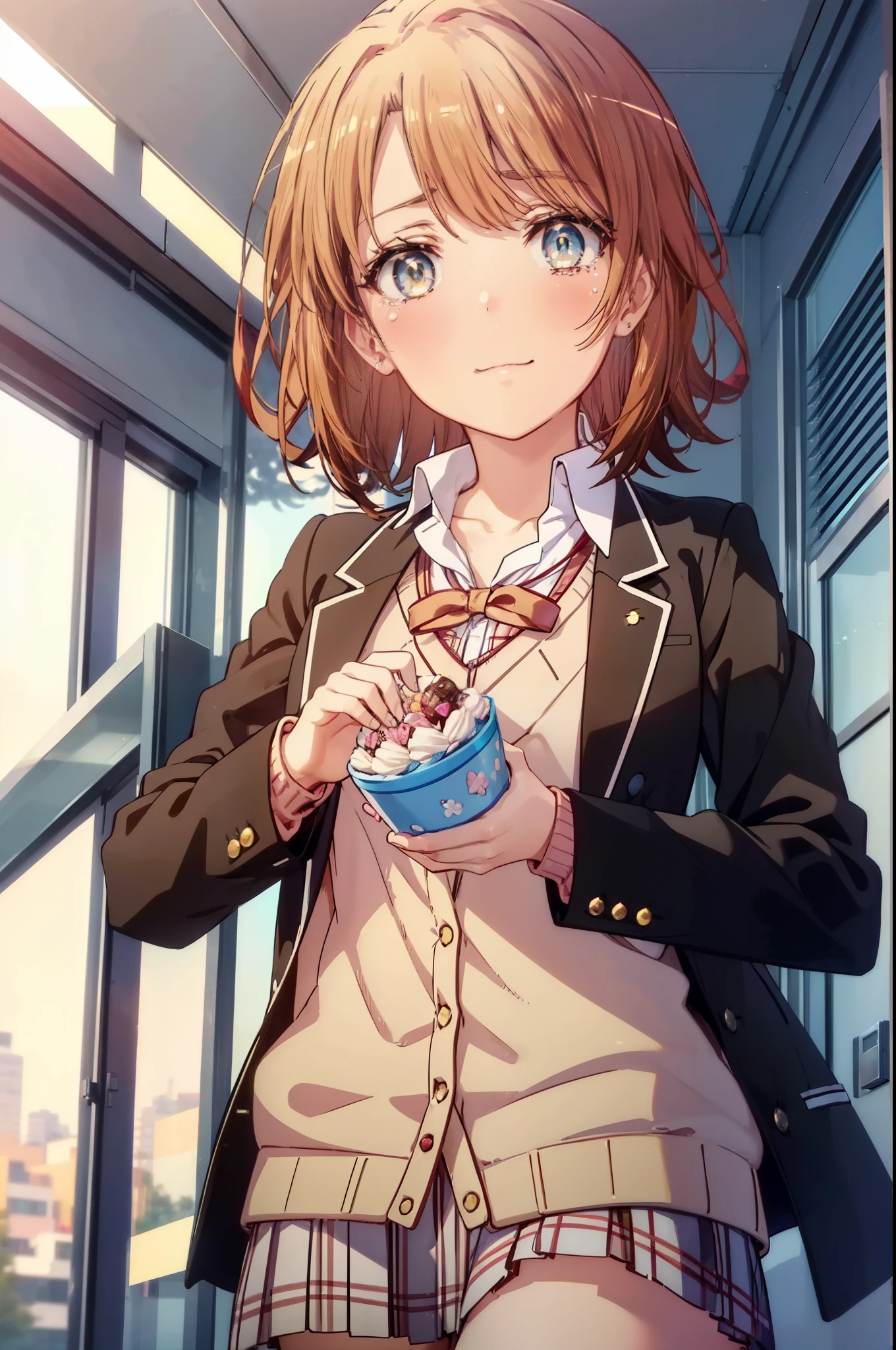 irohaisshiki, iroha isshiki, short hair, brown hair, (brown eyes:1.5), smile,tears run down her face,Crying with joy,birthday会,机の上にバースデーケーキが置いてある
break skirt, shirt, ribbon, school uniform, Jacket, white shirt, open clothes, black pantyhose, open Jacket, black Jacket, plaid, knee high, plaid skirt, blazer, cardigan, pink cardigan, sobu high school uniform,birthday,birthday_party,sitting in a chair,birthday_have,ball,cupcake,birthday_cupcake,cheerfulness,Kaihuai,cheerfulness_atmosphere,風景
break indoors, classroom,
break (masterpiece:1.2), highest quality, High resolution, unity 8k wallpaper, (figure:0.8), (detailed and beautiful eyes:1.6), highly detailed face, perfect lighting, Very detailed CG, (perfect hands, perfect anatomy),