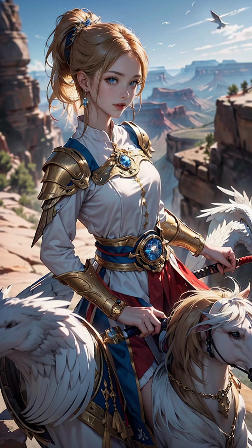 ((最high quality, 8K, masterpiece: 1.3, Ultra HD, high quality, 最high quality, High resolution, realism)) 、25 year old white woman、blue eyes、long hair、smile、slender、slenderだがアスリートのような細マッチョ、I don&#39;t want my head to disappear from the screen.、Wear accessories on your wrist、Wearing red nail polish、I have a peticure、aerial perspective((atmospheric perspective))、smile((smiley))、background blur((depth of field)、crystal earrings((crystal earrings))、Dark Blonde、Folded ponytail((folded ponytail)、A beautiful warrior maiden riding a Pegasus、Wear golden armor、He unsheathes the holy sword he wears at his waist and raises it to the heavens.、Pegasus flies in the sky、Below, the Grand Canyon stretches to the horizon、You can see a beautiful river carved into the rocks.