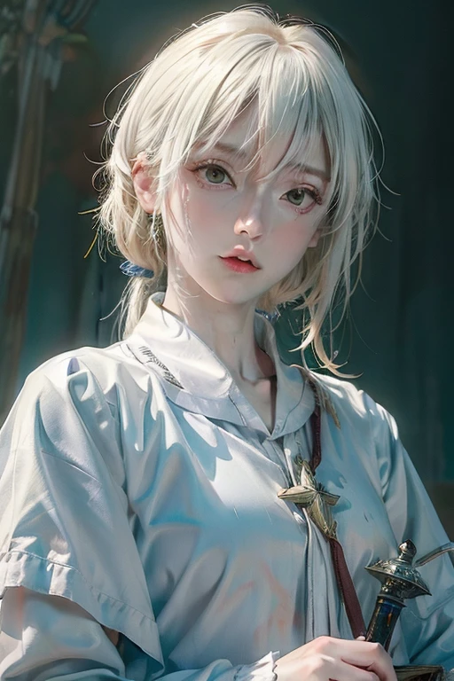 (Low Saturation:1.5),anime,1girl,pov,masterpiece,Awards, high quality,High resolution,HD,4K,8K,high qupov,low angle,flom below,portrait,closeup upperbody,white clothes,Independently deformed breasts,shruged,viscous paint,oily skin,pale color tone,(grayscale:0.5),Arthur Pendragon