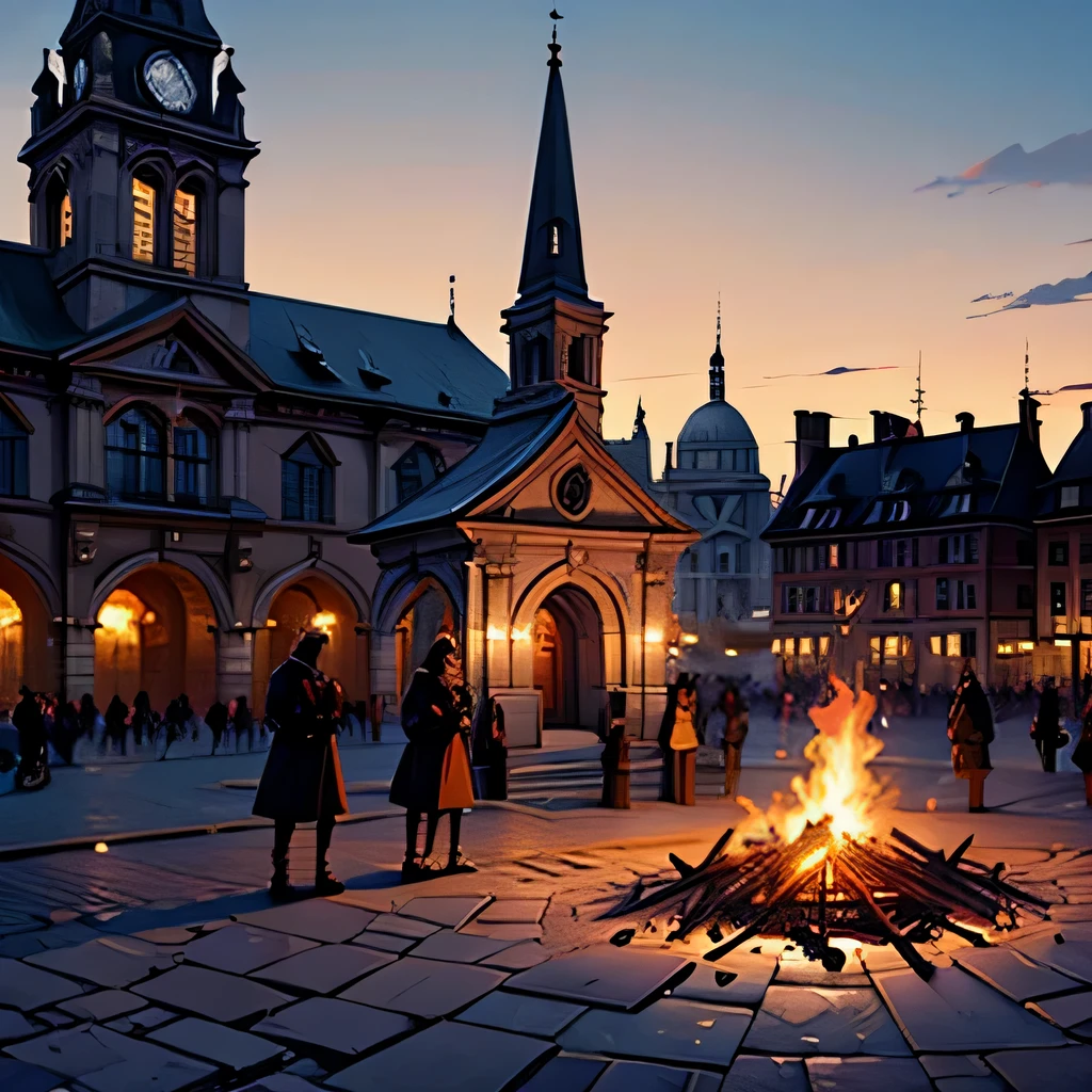 best quality image, bonfire for execution in a public square, 19th century