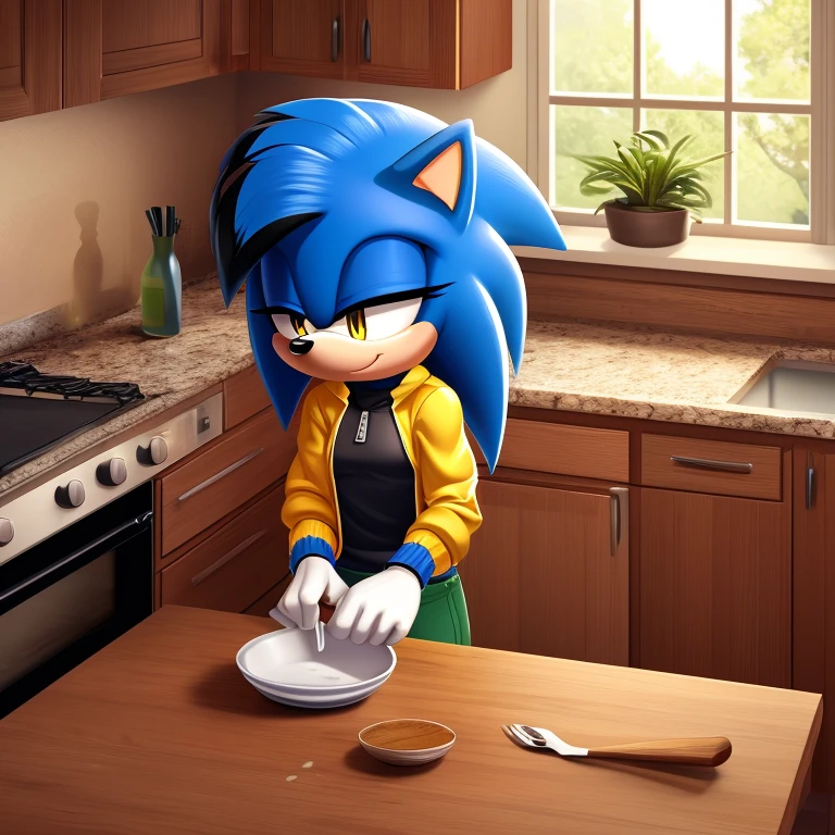 
((Masterpiece, humanoid hands)), hi res, detailed, detailed background, vibrant lighting, high quality, cartoon style, 2d, (mobian:1.1), solo, 1girl ADDCOMM inside, kitchen, cooking, ADDBASE (blue mobian hedgehog), blue body fur, (blue head spikes, black highlights:1.3), three tails, yellow eyes, lean body, small breasts shy blush, smile, closed mouth, half-closed eyes buffed up yellow jacket, closed zipper, no sleeves, short yellow pants, yellow shoes front view 