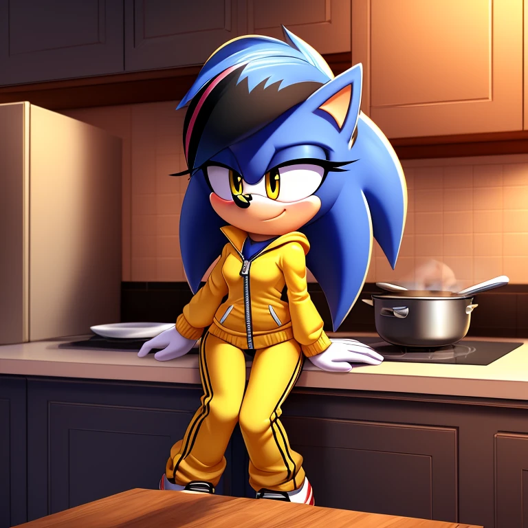 
((Masterpiece, humanoid hands)), hi res, detailed, detailed background, vibrant lighting, high quality, cartoon style, 2d, (mobian:1.1), solo, 1girl ADDCOMM inside, kitchen, cooking, ADDBASE (blue mobian hedgehog), blue body fur, (blue head spikes, black highlights:1.3), three tails, yellow eyes, lean body, small breasts shy blush, smile, closed mouth, half-closed eyes buffed up yellow jacket, closed zipper, no sleeves, short yellow pants, yellow shoes front view 