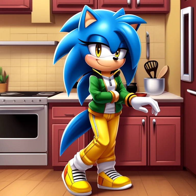 ((Masterpiece, humanoid hands)), hi res, detailed, detailed background, vibrant lighting, high quality, cartoon style, 2d, (mobian:1.1), solo, 1girl ADDCOMM inside, kitchen, cooking, ADDBASE (blue mobian hedgehog), blue body fur, (blue head spikes, black highlights:1.3), three tails, yellow eyes, lean body, small breasts shy blush, smile, closed mouth, half-closed eyes buffed up yellow jacket, closed zipper, no sleeves, short yellow pants, yellow shoes front view