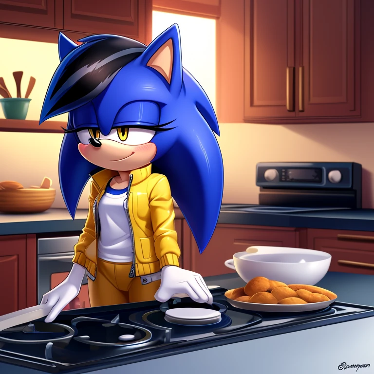 
((Masterpiece, humanoid hands)), hi res, detailed, detailed background, vibrant lighting, high quality, cartoon style, 2d, (mobian:1.1), solo, 1girl ADDCOMM inside, kitchen, cooking, ADDBASE (blue mobian hedgehog), blue body fur, (blue head spikes, black highlights:1.3), three tails, yellow eyes, lean body, small breasts shy blush, smile, closed mouth, half-closed eyes buffed up yellow jacket, closed zipper, no sleeves, short yellow pants, yellow shoes front view 