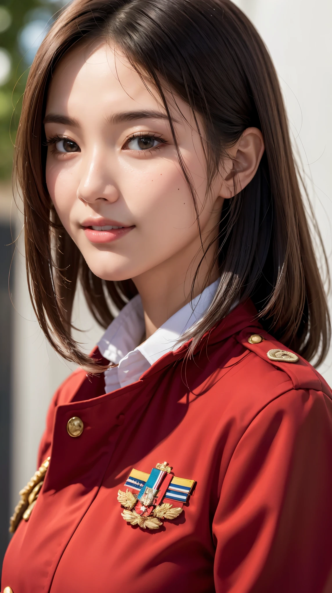 Realistic, masterpiece, highest quality, highest resolution, A portrait depicting only the upper body of a Japanese woman, A happy smile, slightly turned to the side, definitely looking at the audience, beautiful detailed eyes, black eyes, sparkling eyes, (hidden creased eyelids:1.2), thin eyebrows, Carefully draw eyelashes, natural makeup, middle hair, silver hair, detailed face, (Red military jacket, MA-1:1.3)