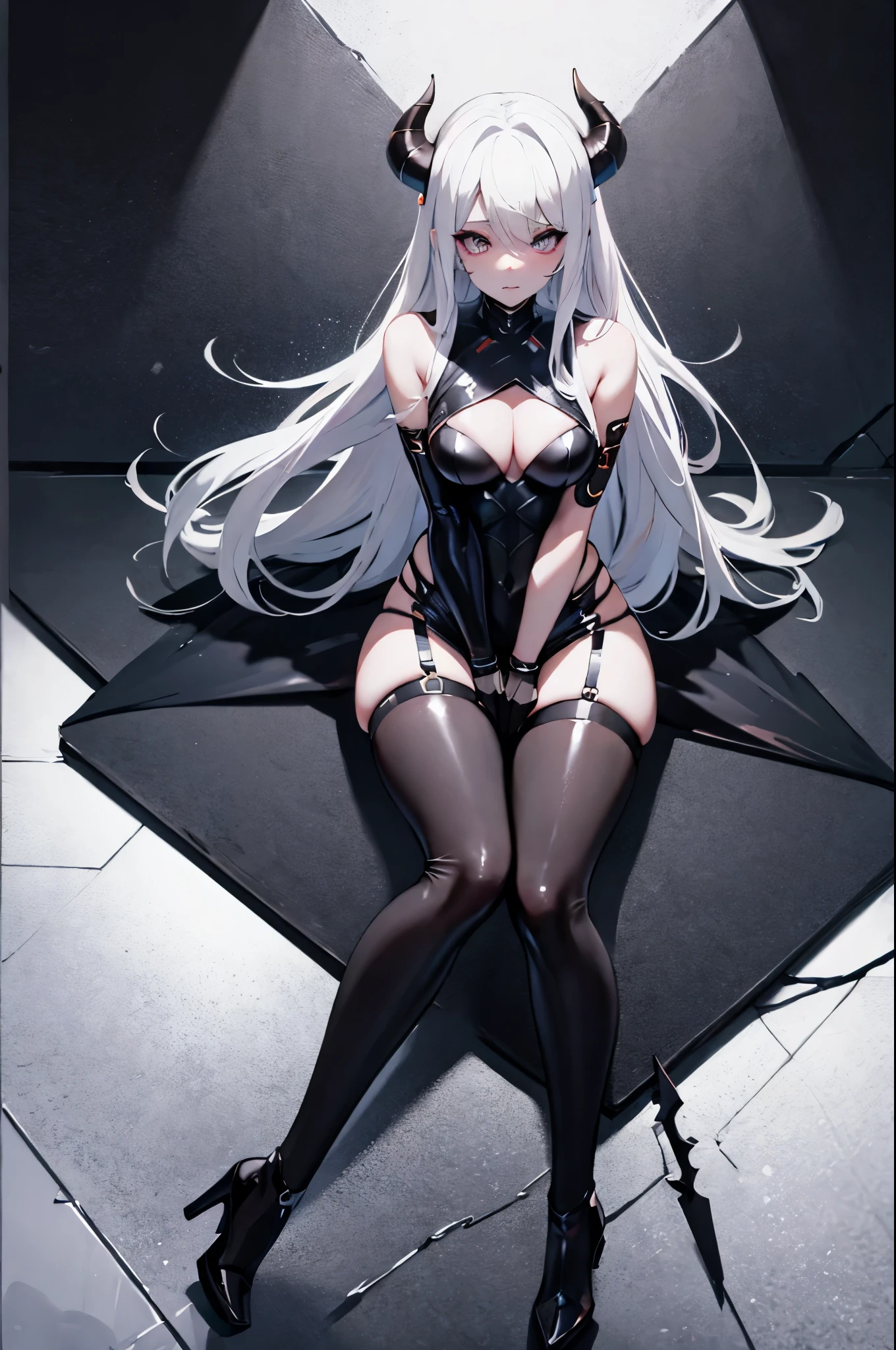 World of Warcraft demon hunter black latex s on body, fire eyes long horns white hair cute face sexy fuldy sexy pose ing high heel