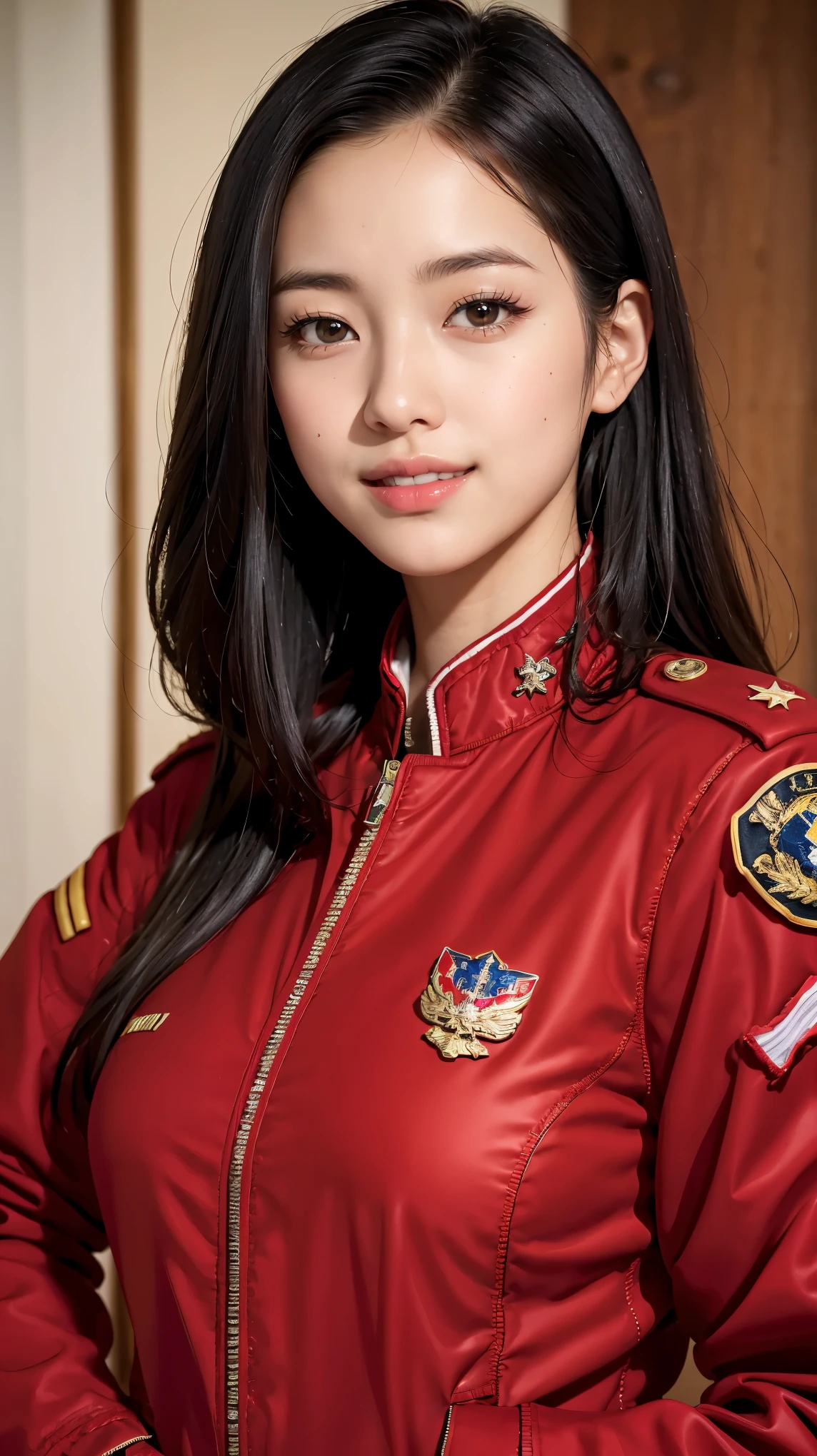 Realistic, masterpiece, highest quality, highest resolution, A portrait depicting only the upper body of a Japanese woman, A happy smile, slightly turned to the side, definitely looking at the audience, beautiful detailed eyes, black eyes, sparkling eyes, (hidden creased eyelids:1.2), thin eyebrows, Carefully draw eyelashes, natural makeup, middle hair, silver hair, detailed face, (Red military jacket, MA-1:1.3)