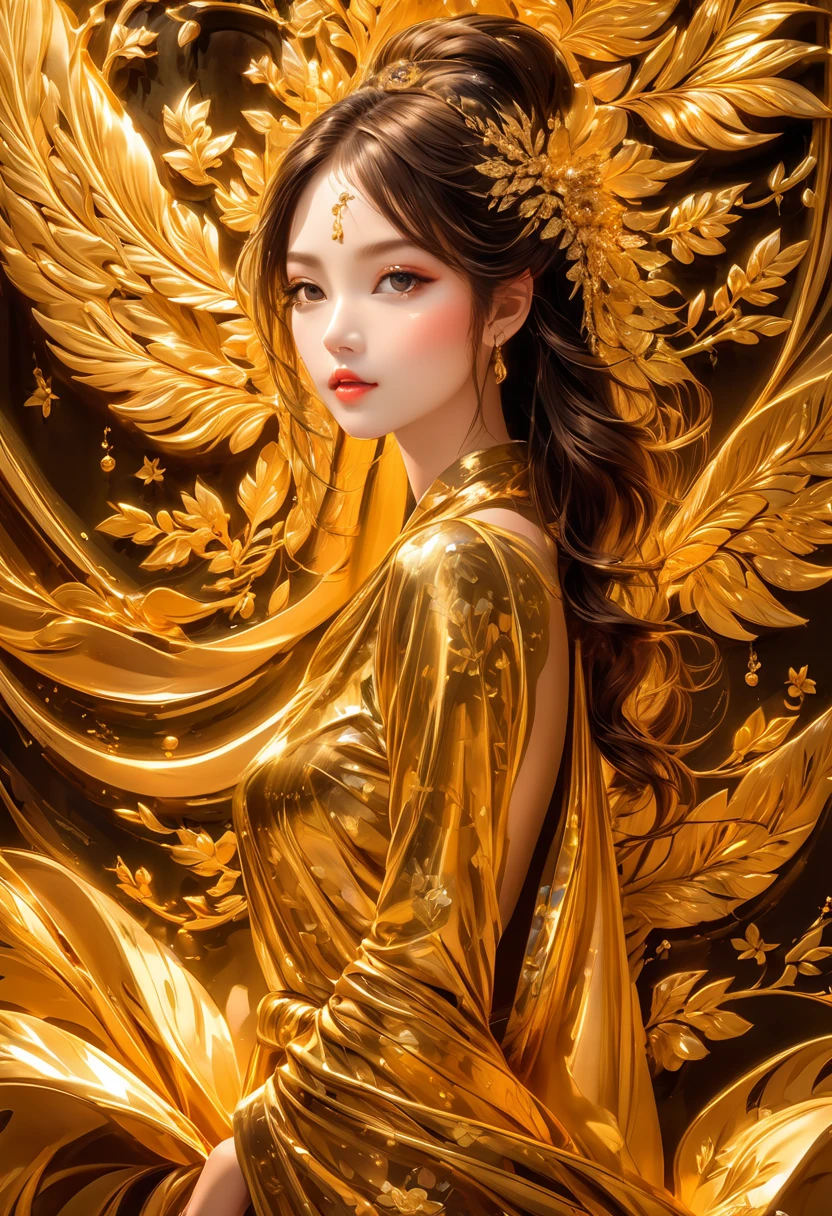 1girl, Gold Leaf Art, goldcarvingcd_xl, jinsixiangyun, traditional, golden, Gold Foil Art, gold leaf,gilded details,shimmering surface,meticulous craftsmanship,rich texture,ornate patterns,hand-applied gold leaf,golden accents,delicate brushwork,reflective surfaces,luxurious finish,breathtaking beauty,meticulous detailing,elegant composition,fine art masterpiece,visual opulence,vibrant colors,glowing golden hue,dramatic contrast,subtle shine,golden radiance,exquisite craftsmanship,gleaming surfaces,richly layered,illumination quality,baroque influences,refined elegance,luminous highlights,rich and regal,unparalleled luxury,artistic magnificence,timeless beauty,self-reflective surfaces,polished luminosity,lustrous appearance,dazzling brilliance,opulent aesthetic,opulent opulence,limitless beauty,decorative embellishments,unmatched elegance,celestial luminosity,heavenly glow,fine brushstrokes,delicate intricacy,detailed precision,exquisite artistry,dazzling exuberance,unparalleled grandeur,luxurious embellishments,illuminating radiance,dynamic texturing