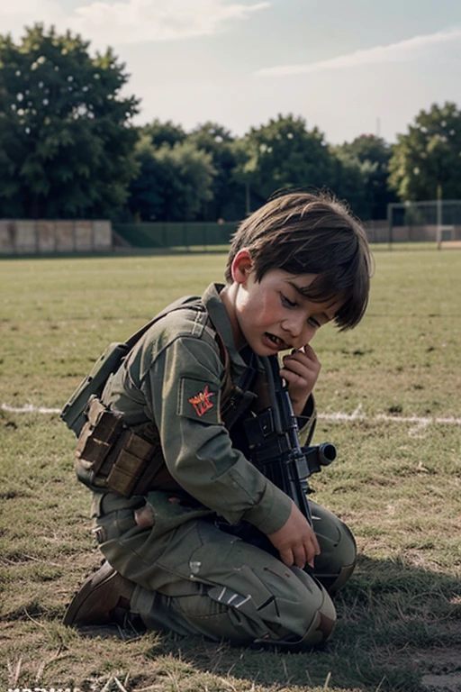  illustration, brunette,implemented, at war with a machine gun, On the field , Crying, with expressed emotions