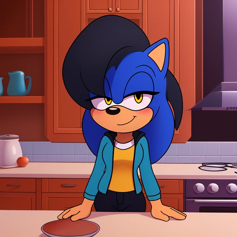 
((Masterpiece, humanoid hands)), hi res, detailed, detailed background, vibrant lighting, high quality, cartoon style, 2d, (mobian:1.1), solo, 1girl ADDCOMM inside, kitchen, cooking, ADDBASE (blue mobian hedgehog), blue body fur, (blue head spikes, black highlights:1.3), three tails, yellow eyes, lean body, small breasts shy blush, smile, closed mouth, half-closed eyes buffed up yellow jacket, closed zipper, no sleeves, short yellow pants, yellow shoes front view 