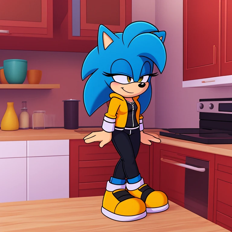((Masterpiece, humanoid hands)), hi res, detailed, detailed background, vibrant lighting, high quality, cartoon style, 2d, (mobian:1.1), solo, 1girl ADDCOMM inside, kitchen, cooking, ADDBASE (blue mobian hedgehog), blue body fur, (blue head spikes, black highlights:1.3), three tails, yellow eyes, lean body, small breasts shy blush, smile, closed mouth, half-closed eyes buffed up yellow jacket, closed zipper, no sleeves, short yellow pants, yellow shoes front view