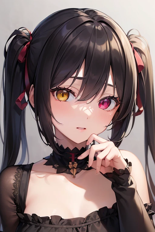(Masterpiece, 8k, Best Quality, Highly detailed, depth of field:1.4), 1girl, yellow eyes, heterochromia, red eyes, rating: sensitive, , black hair, twintails, hair over right eye