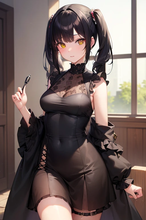 (Masterpiece, 8k, Best Quality, Highly detailed, depth of field:1.4), 1girl, yellow eyes, heterochromia, red eyes, rating: sensitive, , black hair, twintails, hair over right eye