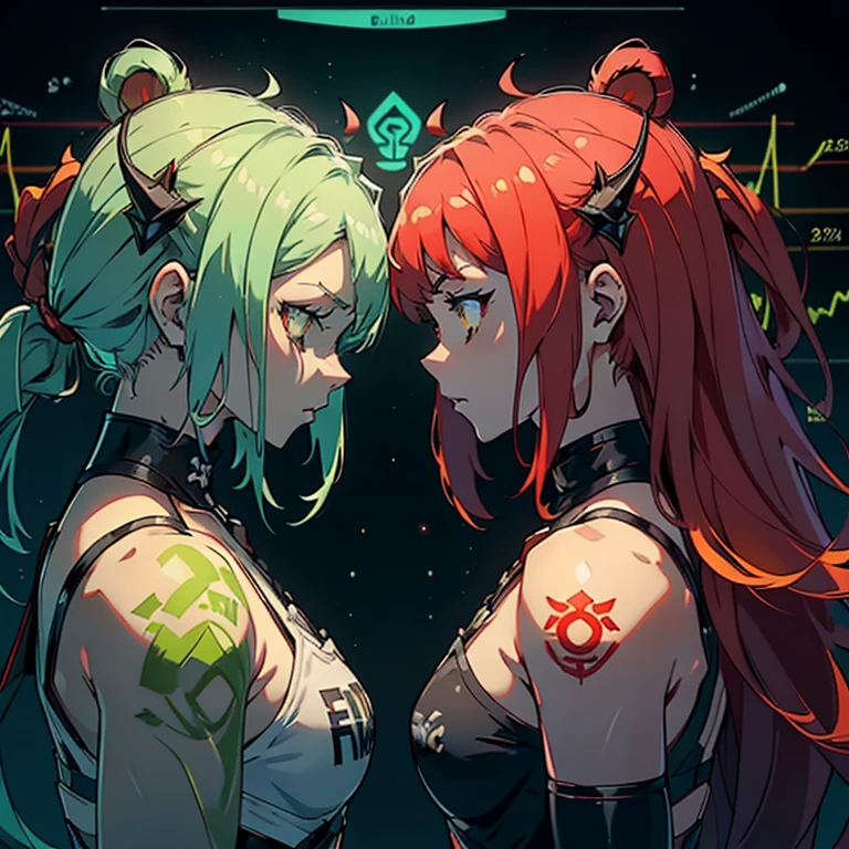 ( 2 muscular girls yellow eyes hair between their eyes pale skin sweaty tattoo with several bitcoin fortunes in the background several screens Each Etherius NFT is unique, showing subtle variations in its design that reflect the fluctuations of the cryptocurrency market tattooed with several without those of bitcoin etherius and a great variation of cryptocurrencies and where 2 NFT 1 in the shape of a green bull and the other in the shape of a red bear in a screen of graphs symbolizing the rise and fall of the market 2 girls, one in the shape of a green bull and the other in the shape of a red bear