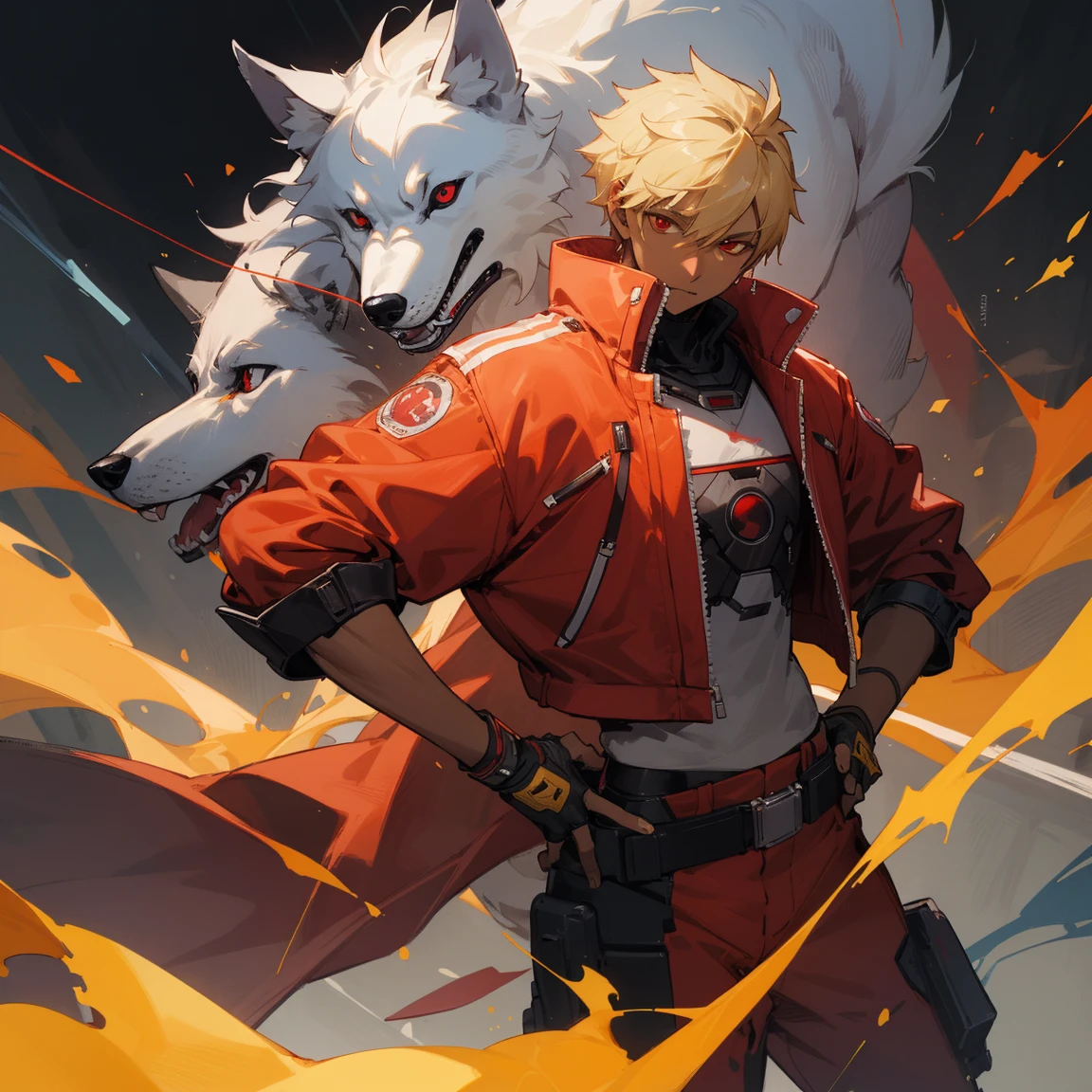((highest quality)), ((masterpiece)), (become familiar with), 1 male, alone, blonde,brown skin,red eyes,long pants,Red jacket,Large size,wolf cut,Fingerless Gloves, put your hands on your hips,cyber punk,SF