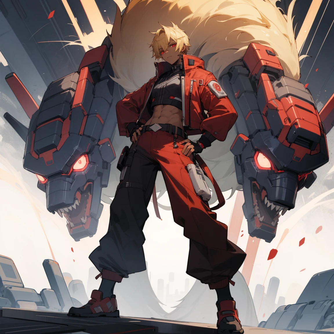 ((highest quality)), ((masterpiece)), (become familiar with),  1 male, alone, blonde,brown skin,red eyes,long pants,Red jacket,Large size,wolf cut,Fingerless Gloves, put your hands on your hips,cyber punk,SF