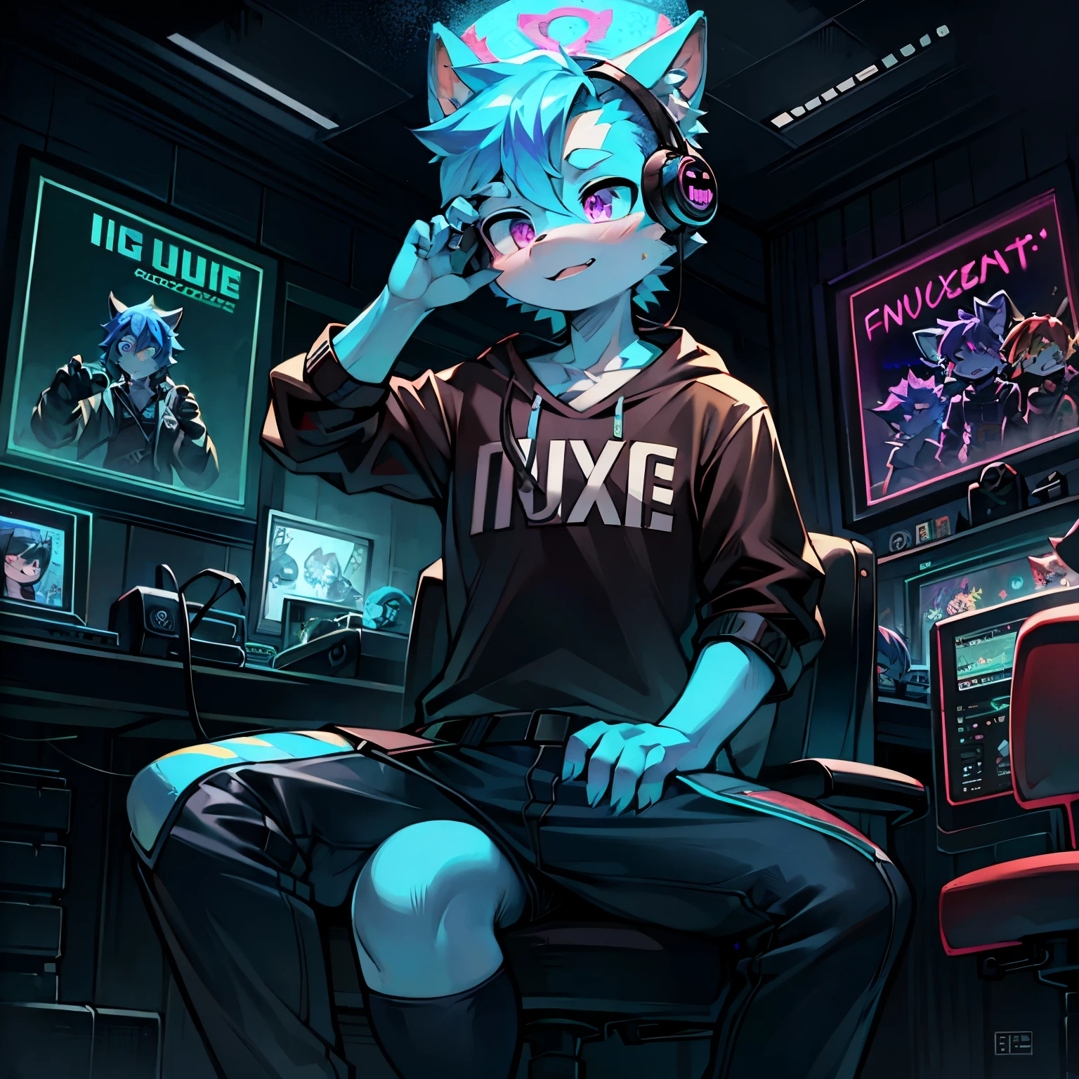 Masterpiece, 4K quality, top quality, high performance, high detailed, smooth, light, ((short cat, Light blue eyes, neon eyes, wear cyber hoodies, wear black tight boxer, wear black tights stockings, cyber lens, cyber glasses lens, holograms glasses)), (by GINBIS2000), look at viewers with empty face, empty face, no smile, one hand grabbed the cyber gun, one hand in hoodie pocket, (cyberpunk, cyber, cyberpunk 2077, core, cyberpunk style, cyberpunk building, holograms on building, sci-fi, futuristic, neon)