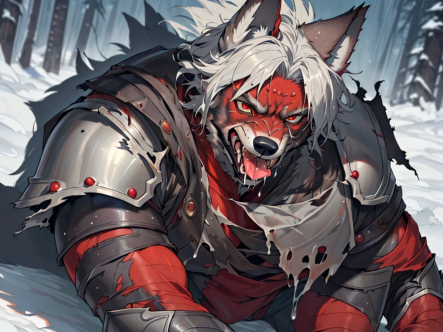 nsfw, (((High resolution, best quality, masterpiece, high detailed))), ((Hungry Wolf, anthro, muscular wolf, furry)), red eyes, 3x3 eyes, grey skin, muscular male,
(((torn Armor))), (((torn clothes))), battle armor,
((wet)), (((Sweaty))), oily, (blush), (screaming), ((saliva)), ((((look at viewer)))),
fantasy,
((Bulge, cum)), lying, (solo),