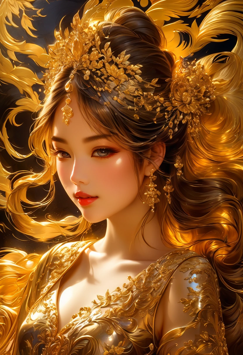 1girl, Gold Leaf Art, goldcarvingcd_xl, jinsixiangyun, traditional, golden, Gold Foil Art, gold leaf,gilded details,shimmering surface,meticulous craftsmanship,rich texture,ornate patterns,hand-applied gold leaf,golden accents,delicate brushwork,reflective surfaces,luxurious finish,breathtaking beauty,meticulous detailing,elegant composition,fine art masterpiece,visual opulence,vibrant colors,glowing golden hue,dramatic contrast,subtle shine,golden radiance,exquisite craftsmanship,gleaming surfaces,richly layered,illumination quality,baroque influences,refined elegance,luminous highlights,rich and regal,unparalleled luxury,artistic magnificence,timeless beauty,self-reflective surfaces,polished luminosity,lustrous appearance,dazzling brilliance,opulent aesthetic,opulent opulence,limitless beauty,decorative embellishments,unmatched elegance,celestial luminosity,heavenly glow,fine brushstrokes,delicate intricacy,detailed precision,exquisite artistry,dazzling exuberance,unparalleled grandeur,luxurious embellishments,illuminating radiance,dynamic texturing