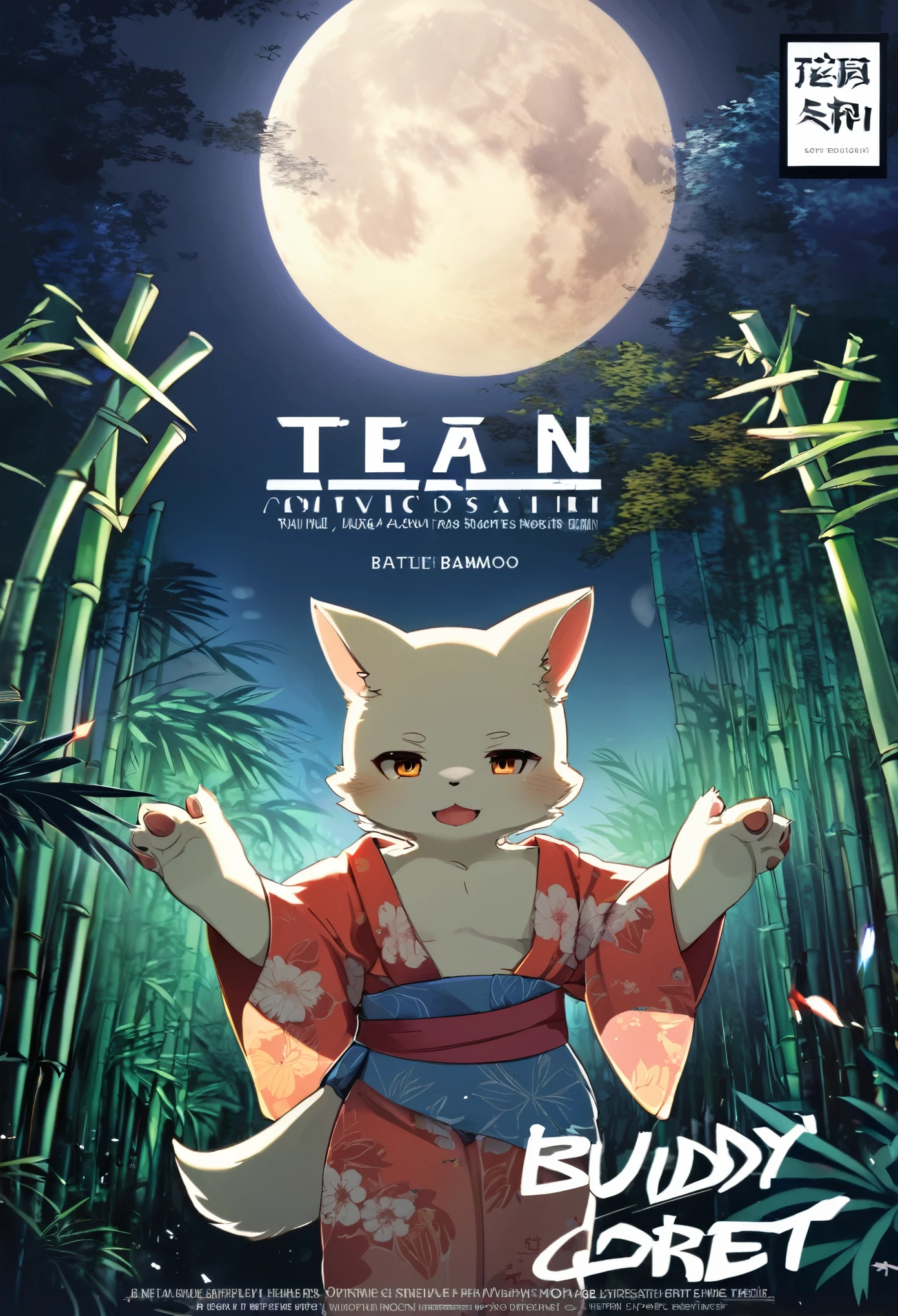 cover_page, highres, top quality, best quality, absurdres, movie posters, perfect anatomy(furry, kemono, anthro, 1boy, 1girl, buddy)bamboo forest, dark night with beautiful full moon, backlighting, battle(Japan kimono)dynamic pose,