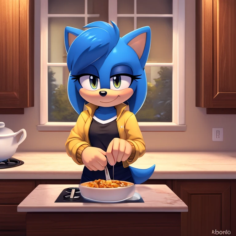 
((Masterpiece, humanoid hands)), hi res, detailed, detailed background, vibrant lighting, high quality, cartoon style, 2d, (mobian:1.1), solo, 1girl ADDCOMM inside, kitchen, cooking, ADDBASE (blue mobian hedgehog), blue body fur, (blue head spikes, black highlights:1.3), three tails, yellow eyes, lean body, small breasts shy blush, smile, closed mouth, half-closed eyes buffed up yellow jacket, closed zipper, no sleeves, short yellow pants, yellow shoes front view 