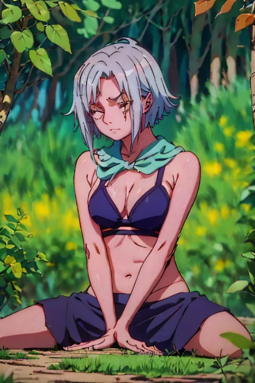 A tanned-skinned anime girl lies despondently on the ground, her hand cradling her abdomen in agony. Her fabric revealing the faint outlines of her ribs. Long sun-kissed locks cascade around her face, concealing it from view. Her despairing expression, etched with lines of hunger and suffering, speaks of a life devoid of sustenance. The sunlight filters through the foliage above, bathing her emaciated figure in a warm, golden glow that accentuates the definition of her bones. The bikini top clings to her body, leaving little to the imagination, she lying down on the forest floor with her eyes closed in immense pain and suffering from hunger, sweat beads all over her body