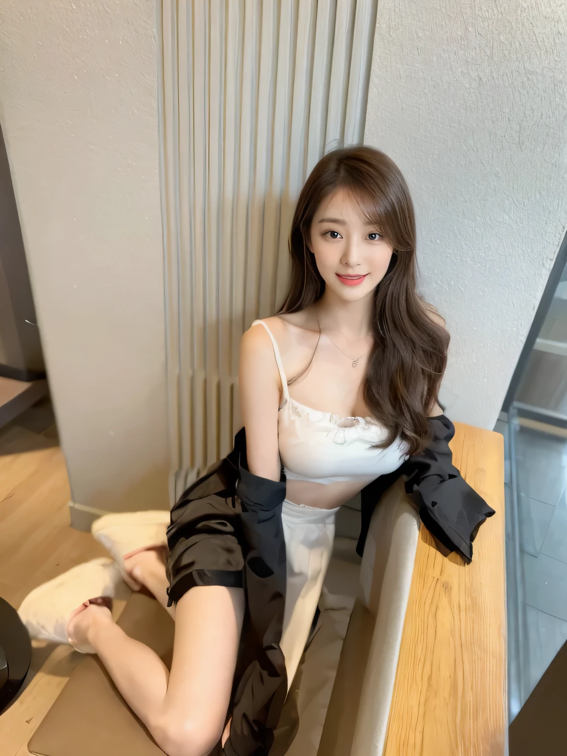 Japanese beauty,extremely beautiful,long legs,extend both feet forward,Legs crossed,barefoot,white bra,Oversized breasts,sit on the chair,The expression is rampant,长相cute,cute,The expression is rampant,Very proud,