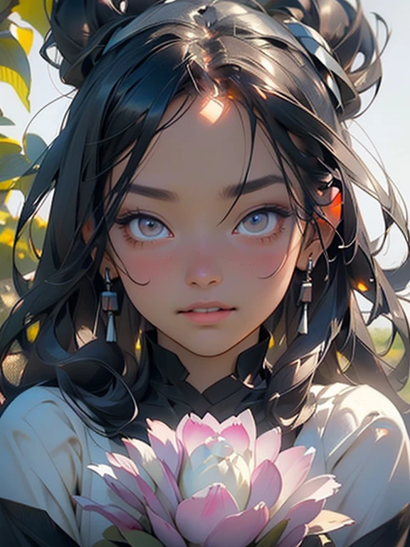 Ladies and bouquets，Portrait close-up，She looked at me with very beautiful and kind eyes. Detailed Schneider pastel ink, soft and fantastic, Fluffy, (Extremely fine and beautiful), (perfect  detail)、(Pastel color),Soft texture:1.2.(masutepiece, Best quality), (finely detailed beautiful eye), （Dark bright eyes），(finely detailed  eyes and detailed face),（Jet-black silky hair), （Black hair like a spring），The hue is also noticeably brighter.Pale blurred silhouette，Surrounded by plenty of flowers