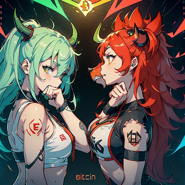 ( 2 muscular girls yellow eyes hair between their eyes pale skin sweaty tattoo with several bitcoin fortunes in the background several screens Each Etherius NFT is unique, showing subtle variations in its design that reflect the fluctuations of the cryptocurrency market tattooed with several without those of bitcoin etherius and a great variation of cryptocurrencies and where 2 NFT 1 in the shape of a green bull and the other in the shape of a red bear in a screen of graphs symbolizing the rise and fall of the market 2 girls, one in the shape of a green bull and the other in the shape of a red bear with various signs of bitcoin and cryptocurrencies in the background