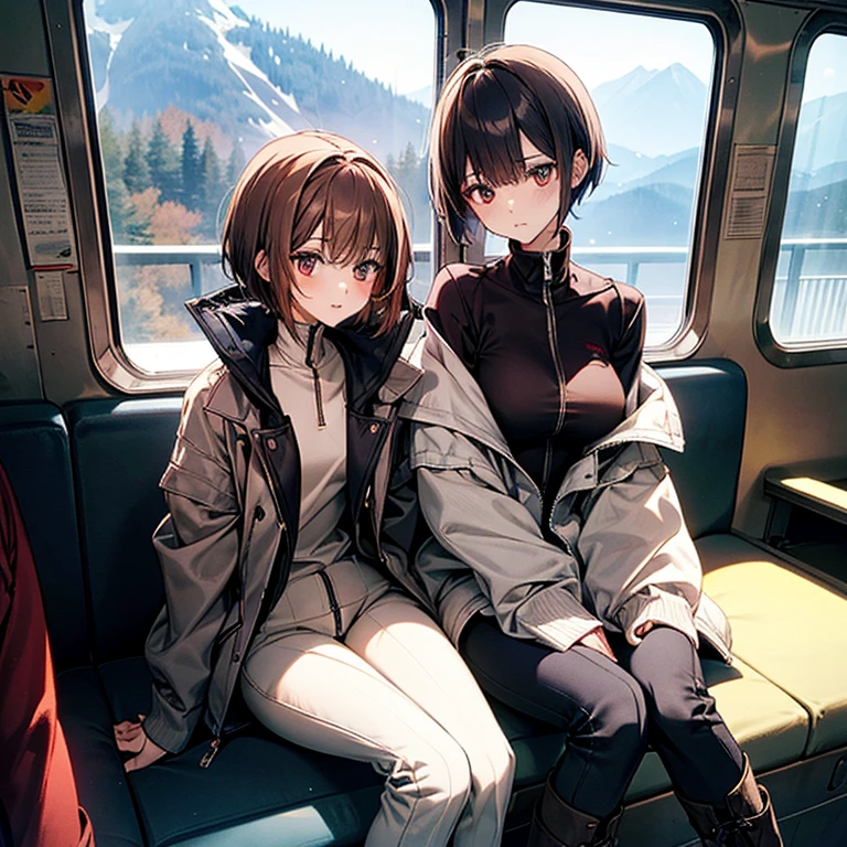 on the train、A slender beauty wearing an oversized zip-up mountain parka、sitting、tall、slim、I like the style、small breasts、older sister、wearing a mask、pixie cut、short nape、Tight skinny pants、Thick-soled boots、Reddish brown hair、