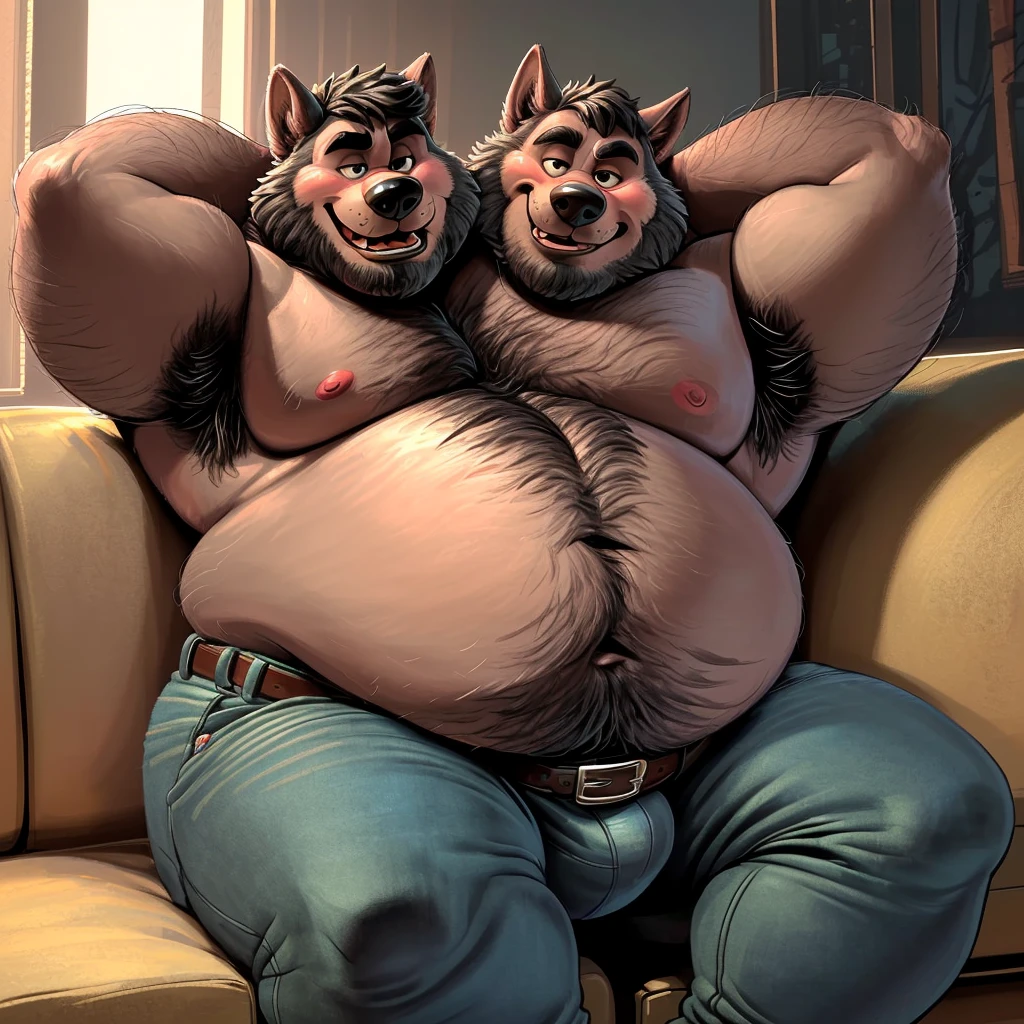 solo, canine, three headed wolf, wolf tail, (identical:1.3), (overweight:1.3, obese:1.3, fat, big belly, adult, 50 year old male:1.3, (stylized 3d:1.1, by disney:1.2, by rembrandt, by dramamine), pixar:1.1, (gray fur, black hair, beard), gray background, (shirtless, jeans, belt, bulge), navel, correct hands, correct anatomy, (detailed eyes:1.2, cartoon eyes:1.2, small dark pupils), (ultradetailed, best quality, detailed masterpiece, highly detailed masterpiece, 4k, professional cartoon:1.7), ((sitting on couch:1.3, arms behind head:1.1, hairy armpits, natural pose:1.3, nuanced expressions:1.3)), (((dadbod)))