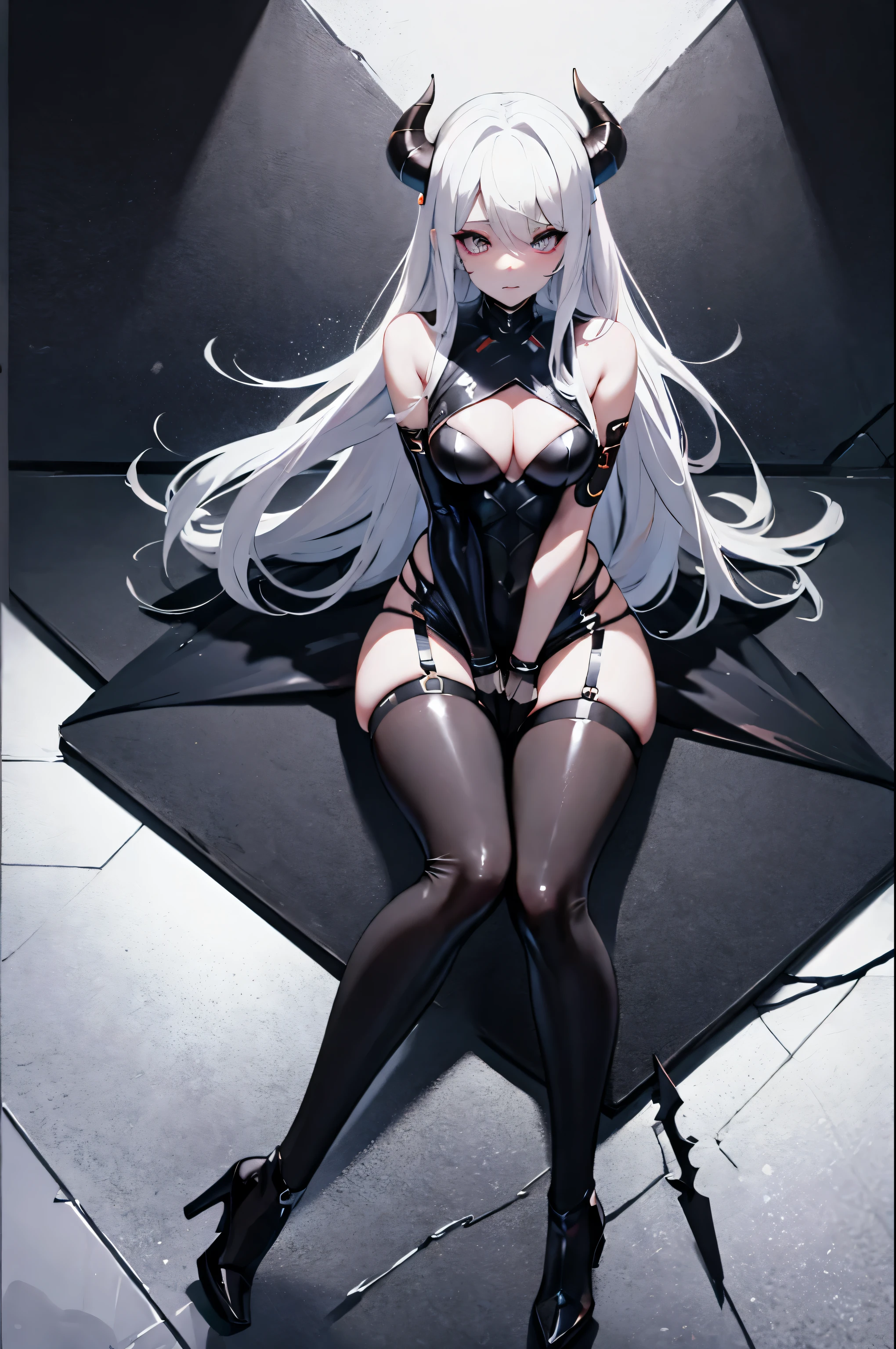 World of Warcraft demon hunter black latex tentacles on body, fire eyes long horns white hair cute face sexy full body sexy pose in long high heel