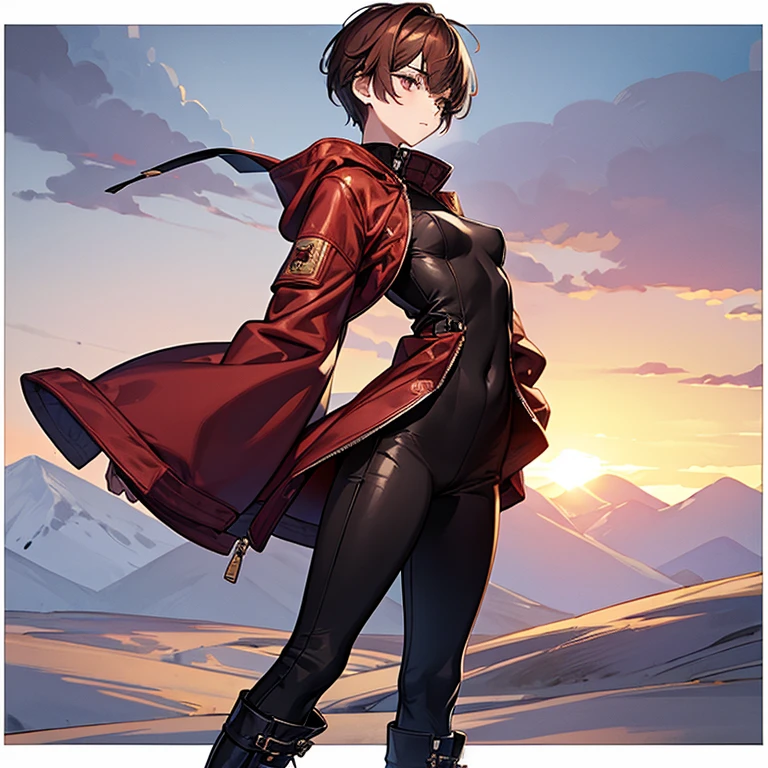 masterpiece、delicate details、headphone、Slender beauty、tall、slim、I like the style、small breasts、Sharp Eyes、older sister、pixie cut、long side、short nape、Oversized zip-up mountain parka、Tight skinny pants、Thick-soled boots、Reddish brown hair、
