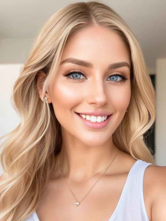 un primer plano de una atractiva mujer rubia con cabello rizado, 30 year old model, sin maquillaje, sonriendo, agraciada y bella mujer, 🤬 🤮 💕