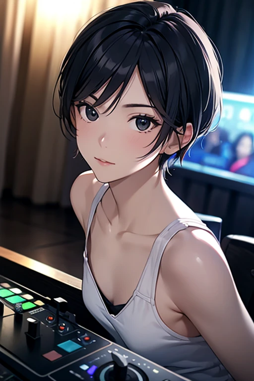 (2 men)、(Crowded club floor,DJ booth:1.41),masterpiece, High resolution, High-definition CG Unity 8K,realistic,Raw photo,Beautiful and dense face, white skin,(1 girl),skinny,flat chest,(black eye),black hair,(very short hair),Side undercuts,Flowing bangs、(dynamic angle),(At night)、Shot Glass