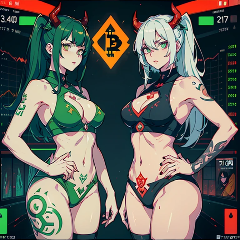 ( 2 muscular girls yellow eyes hair between their eyes pale skin sweaty tattoo with several bitcoin fortunes in the background several screens Each Etherius NFT is unique, showing subtle variations in its design that reflect the fluctuations of the cryptocurrency market tattooed with several without those of bitcoin etherius and a great variation of cryptocurrencies and where 2 NFT 1 in the shape of a green bull and the other in the shape of a red bear in a screen of graphs symbolizing the rise and fall of the market 2 girls, one in the shape of a green bull and the other in the shape of a red bear with various signs of bitcoin and cryptocurrencies in the background, the girl in the red bear with bear ears and the girl in green bull with bull horns