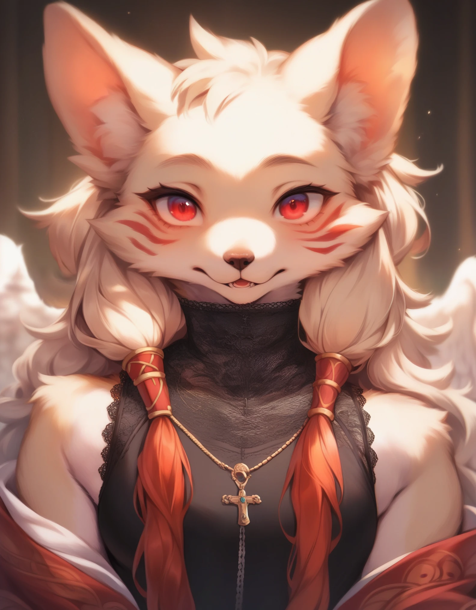 Score_9, Score_8_Up, Score_7_Up, Score_6_Up, Epic-Ultra-HD-Details, Epic-Ultra-HD-Highlights, photo-same-realistic scaled- resolution, source_furry, analog photography, zip realism, physically realistic, lighting, furry-characteristics, 1 girl, kemono, alone, girl, clothed, body hair , white, white fur, fine fluffy fur, looking at viewer, red eyes, black dress, upper per body detailed face eyes and