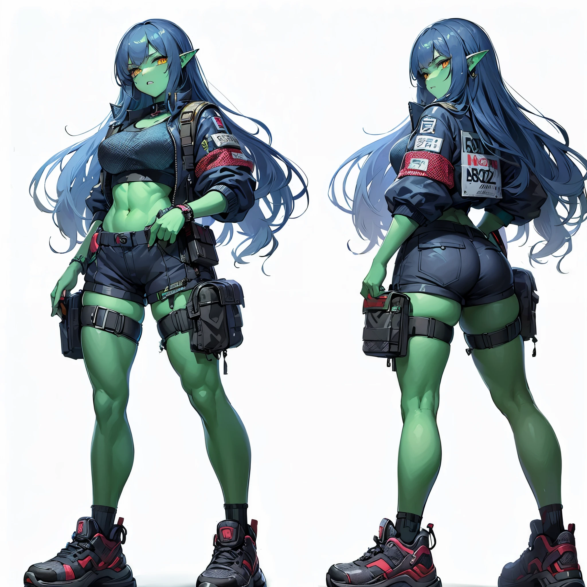 (masterpiece, best quality), ultra detailed, POKEMON like illustration style, full body, solo, Full body, cute Cyberpunk orc girl, Muscular but feminine body shape, wearing a work uniform, night blue hair and yellow eyes, pale green skin, wears high tech sneakers, standing in wasteland, white background, whole body,