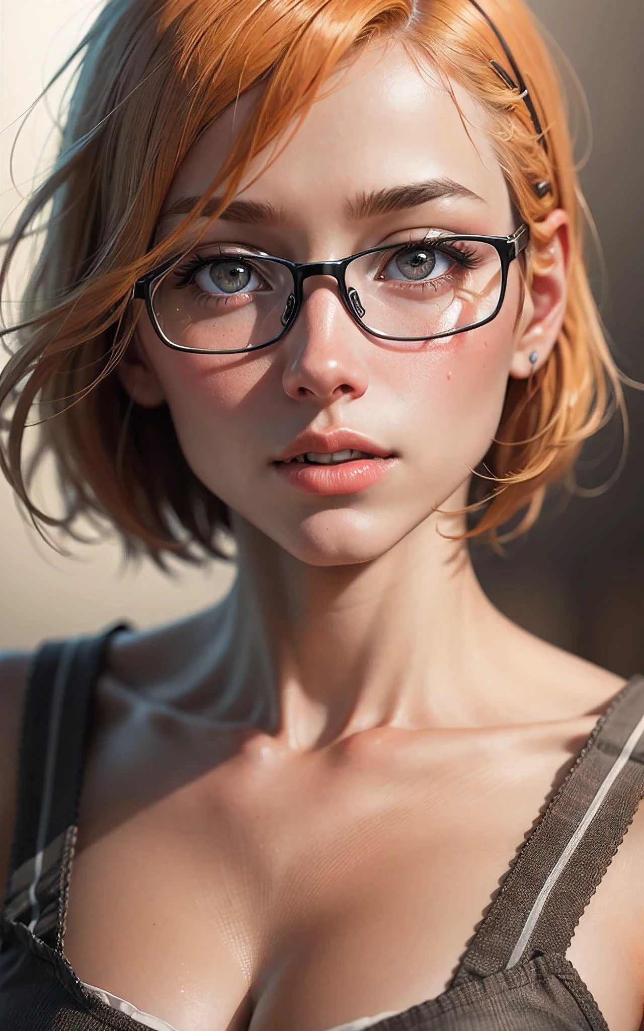 (realistic, photo-realistic: 1.37), (16k, RAW photo, best quality, masterpiece: 1.2), orange eyes, beautiful, ultra-detailed, heart-shaped pupils, physical rendering, ultra high res, front lighting, looking at the viewer, photorealistic, realistic, solo, photorealistic, best quality, extremely detailed face, extremely detailed eyes and face, beautiful detailed eyes, absurd, incredibly absurd, messy short hair, floating hair, ((oaks  agrias)), whole body, radioactive orange hair, glasses, bob cut, portrait, poster, bob cut, lens flare, first-person view, close-up, 16k